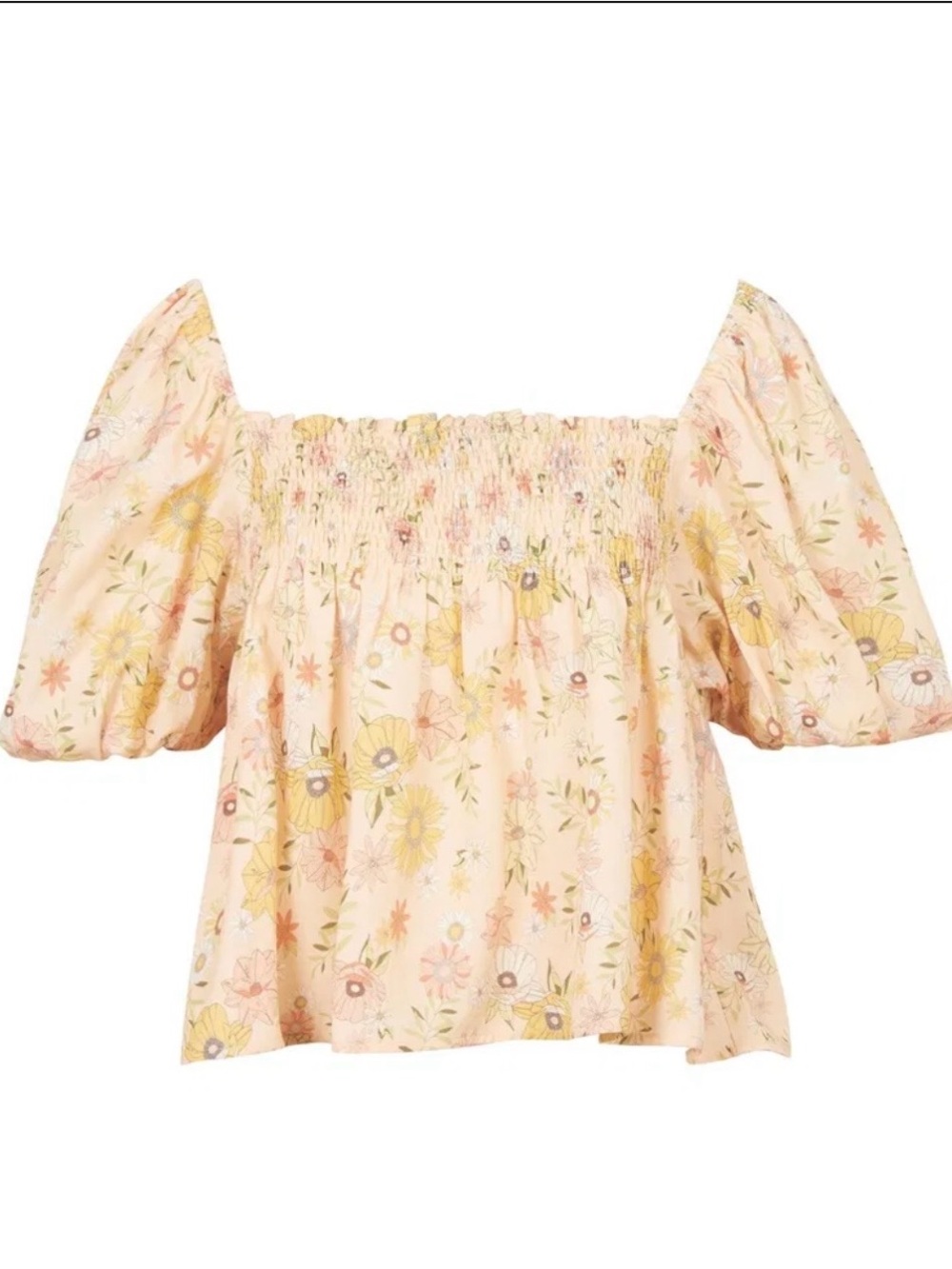 Barbour Peach Floral Smocked Square-Neck Puff Sleeve Top